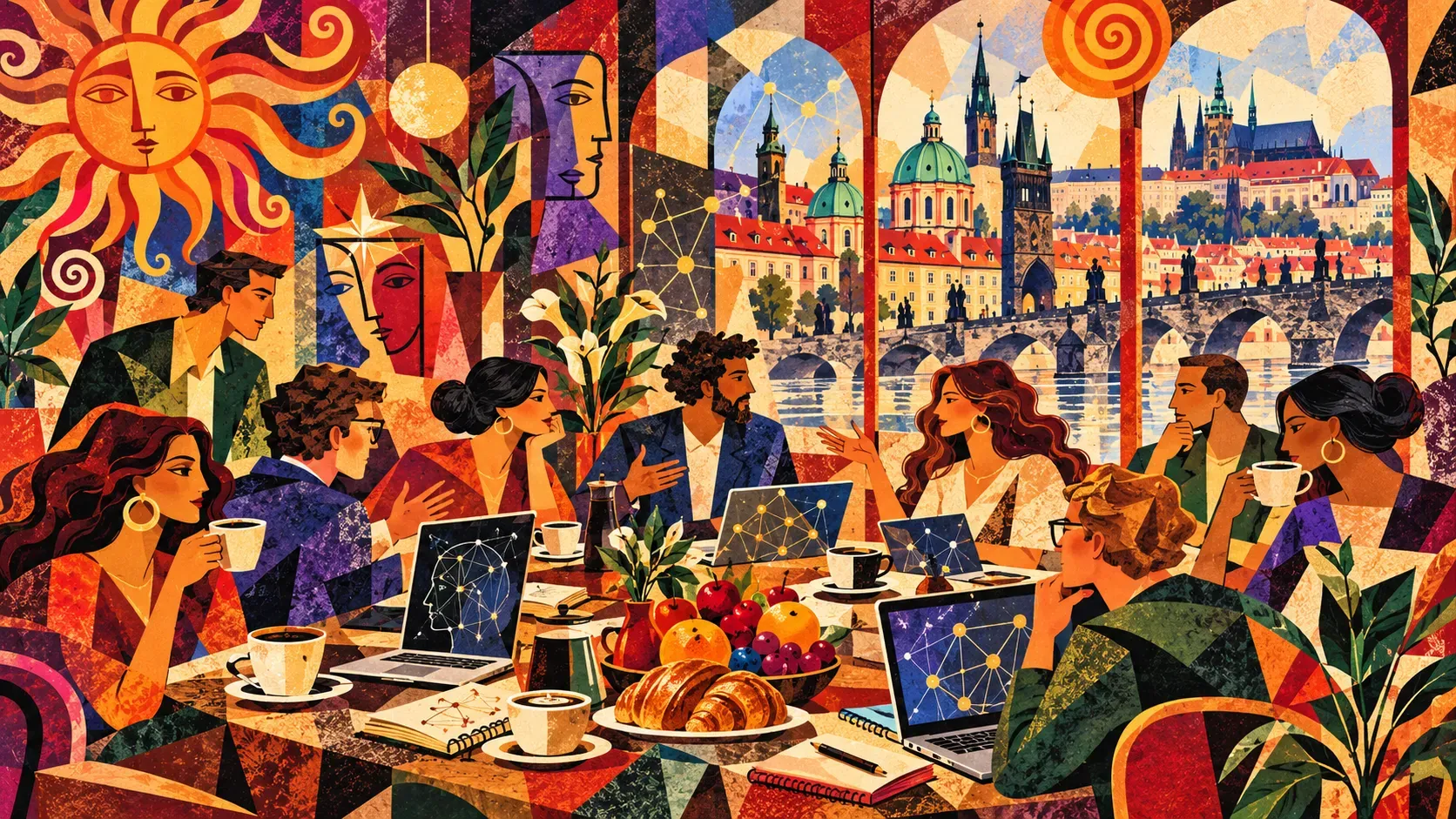 Illustration: people with laptops and coffee around one table, Prague Castle and Charles Bridge in the window